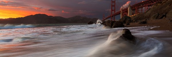 Słońca, Morze, Zachód, San Francisco, Golden Gate, Most