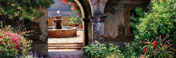 Ogród, Fontanna, Patio, Obraz, Kwiaty
