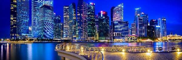 Wieżowce, Miasto Nocą, Pomost, Singapur