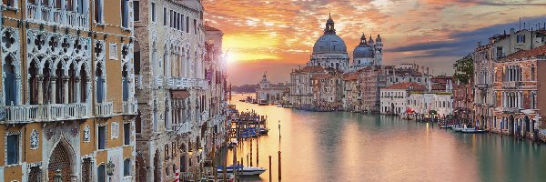Bazylika św. Marka, Canal Grande, Kanał, Wenecja, Włochy, Zachód słońca, Łodzie