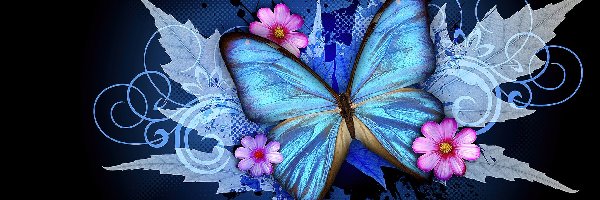 Niebieski, Kwiaty, Motyl, Grafika 2D