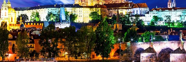 Miasto, Czechy, Praga, Oświetlone