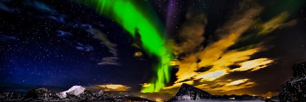 Norwegia, Góry, Zorza Polarna, Noc, Jezioro
