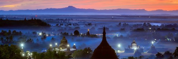 Zmierzch, Świątynia, Zabytki, Mgła, Birma, Republika Związku Mjanmy