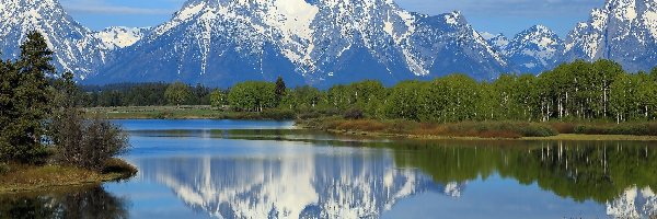Rzeka Snake River, Stan Wyoming, Odbicie, Drzewa, Park Narodowy Grand Teton, Góry, Szczyt Mount Moran, Stany Zjednoczone