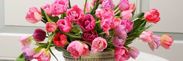 Kwiaty, Tulipany, Bukiet, Donica, Kolorowe