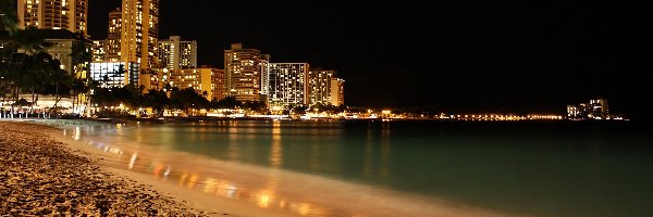 Nocą, Waikiki, Plaża, Honolulu