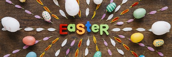 Easter, Kolorowe, Płatki, Pisanki, Wielkanoc, Napis, Deski