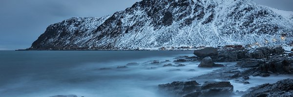 Morze, Zima, Góry, Skały, Nordland, Norwegia
