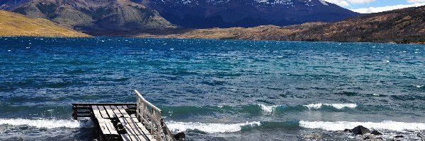 Pomost, Góry, Zniszczony, Jezioro, Chile, Wybrzeże