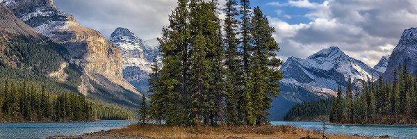 Drzewa, Góry, Jezioro Maligne, Park Narodowy Jasper, Kanada, Chmury, Wyspa Ducha