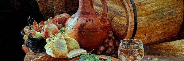 Winogrona, Wino, Martwa natura, Siergiej Siergiejewicz Łucenko, Obraz, Dzbanek, Owoce, Beczka, Ser