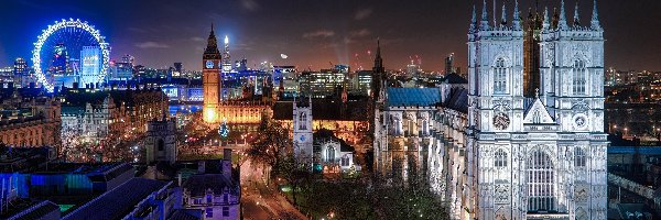 Noc, Opactwo Westminster, Kolegiata św. Piotra w Westminsterze, Londyn, Anglia, Koło obserwacyjne London Eye, Big Ben