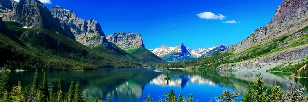 Góry, Jezioro, Drzewa, Montana, Saint Mary