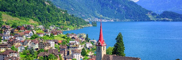 Jezioro Czterech Kantonów, Kanton Lucerna, Góry, Kościół, Weggis, Szwajcaria