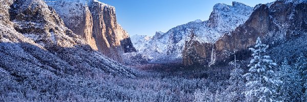 Góry, Zima, Park Narodowy Yosemite, Kalifornia, Stany Zjednoczone, Drzewa, Lasy, Dolina Yosemite Valley, Zaśnieżone