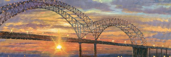 Most Hernando de Soto Bridge, Stan Tennessee, Wschód słońca, Robert Finale, Memphis, Rzeka Missisipi, Malarstwo, Stany Zjednoczone