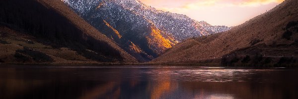Jezioro Kirkpatrick, Zachód słońca, Góry, Nowa Zelandia