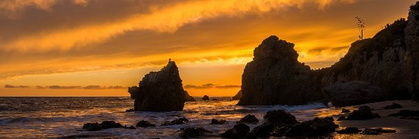 El Matador, Plaża, Zachód Słońca, Kalifornia, Skały, Morze