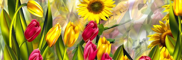 Tulipany, Grafika, Słoneczniki, Kwiaty