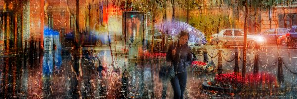 Ulica, Parasol, Kobieta, Deszcz