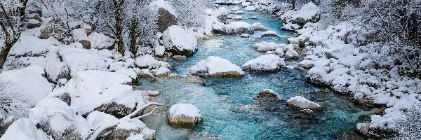 Słowenia, Zima, Rzeka Socza, Drzewa, Kamienie