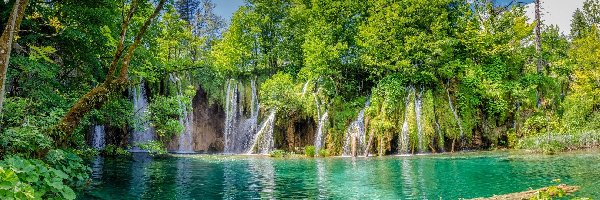 Drzewa, Plitvice, Jezioro, Wodospad, Park Narodowy Jezior Plitwickich, Chorwacja