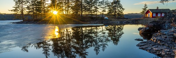 Drzewa, Jezioro Vaeleren, Dom, Promienie słońca, Ringerike, Norwegia