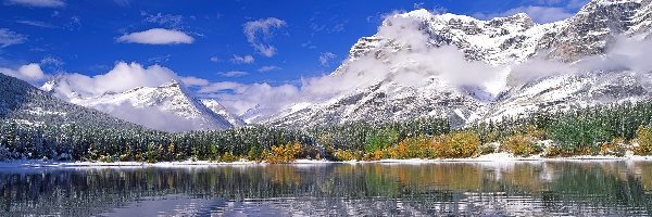 Góry, Śnieg, Chmury, Jezioro