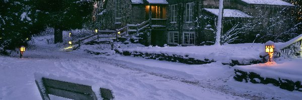Śnieg, Ławka, Dom