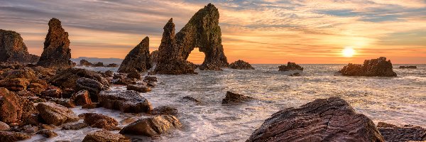 Kamienie, Morze, Skały, Zachód słońca, Hrabstwo Donegal, Irlandia