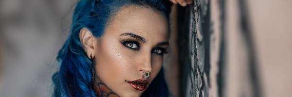 Kobieta, Włosy, Niebieskie, Tatuaże, Kolczyki