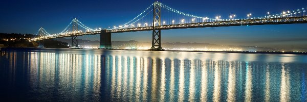 Stany Zjednoczone, Most San Francisco-Oakland Bay Bridge, Kalifornia, Noc, Rzeka