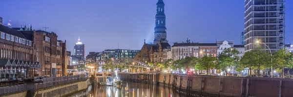 Światła, Most, Kościół Św. Katarzyny, Kanał, Hamburg, Niemcy