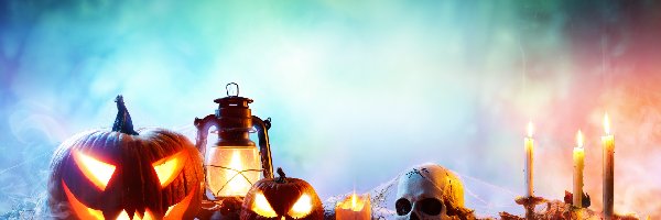 Dynie, Świece, Lampa, Halloween, Czaszka
