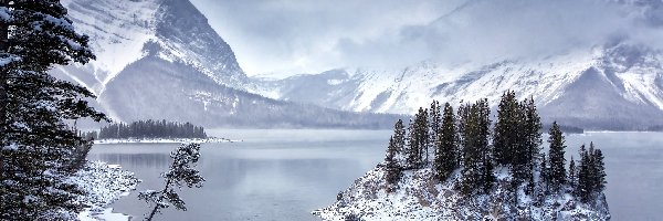 Zima, Jezioro, Góry, Mgła, Drzewa