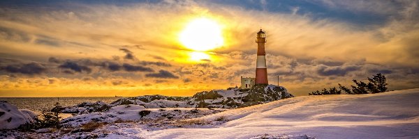 Norwegia, Latarnia morska Eigerøy Lighthouse, Wyspa Eigerøya, Zachód słońca, Zima