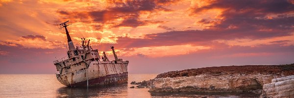 Wrak, Zachód słońca, Morze, Statek Edro III