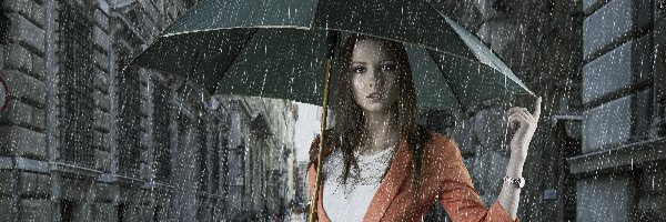 Dziewczyna, Deszcz, Parasol, Śliczna