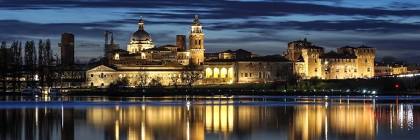 Rzeka Mincio, Lombardia, Odbicie, Miasto nocą, Mantua, Bazylika św. Andrzeja, Pałac Książęcy, Włochy