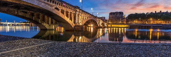 Lyon, Most, Francja, Noc, Rzeka
