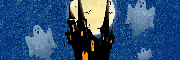 Zamek, Księżyc, Duchy, Halloween, Grafika