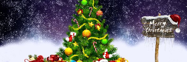 Boże Narodzenie, Prezenty, Mikołaj, Grafika 2D, Śnieg, Choinka