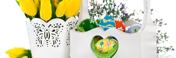Tulipany, Wielkanoc, Koszyk, Dekoracja, Kompozycja, Żółte, Pisanki