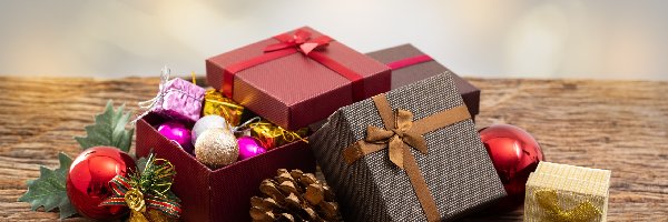 Boże Narodzenie, Pudełko, Prezenty, Szyszka, Bombki