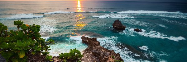Indonezja, Morze, Bali, Zachód słońca, Skały