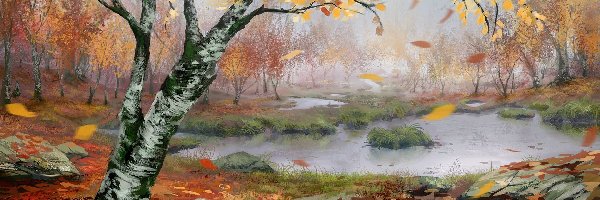Mokradła, Jesień, Drzewa, Obraz, Reprodukcja, Liście, Brzozy