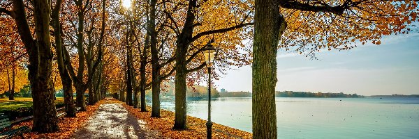 Jesień, Latarnia, Park, Jezioro, Drzewa