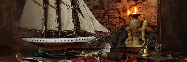 Podróżowanie, Statek, Świeca, Replika, Kompozycja, Luneta, Mapa
