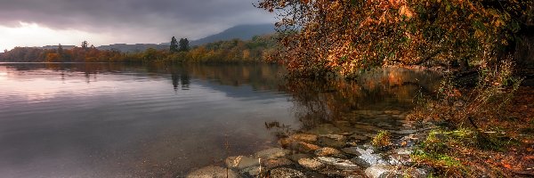 Kraina Lake District, Anglia, Jezioro Coniston Water, Drzewa, Kumbria, Jesień, Kamienie, Wielka Brytania